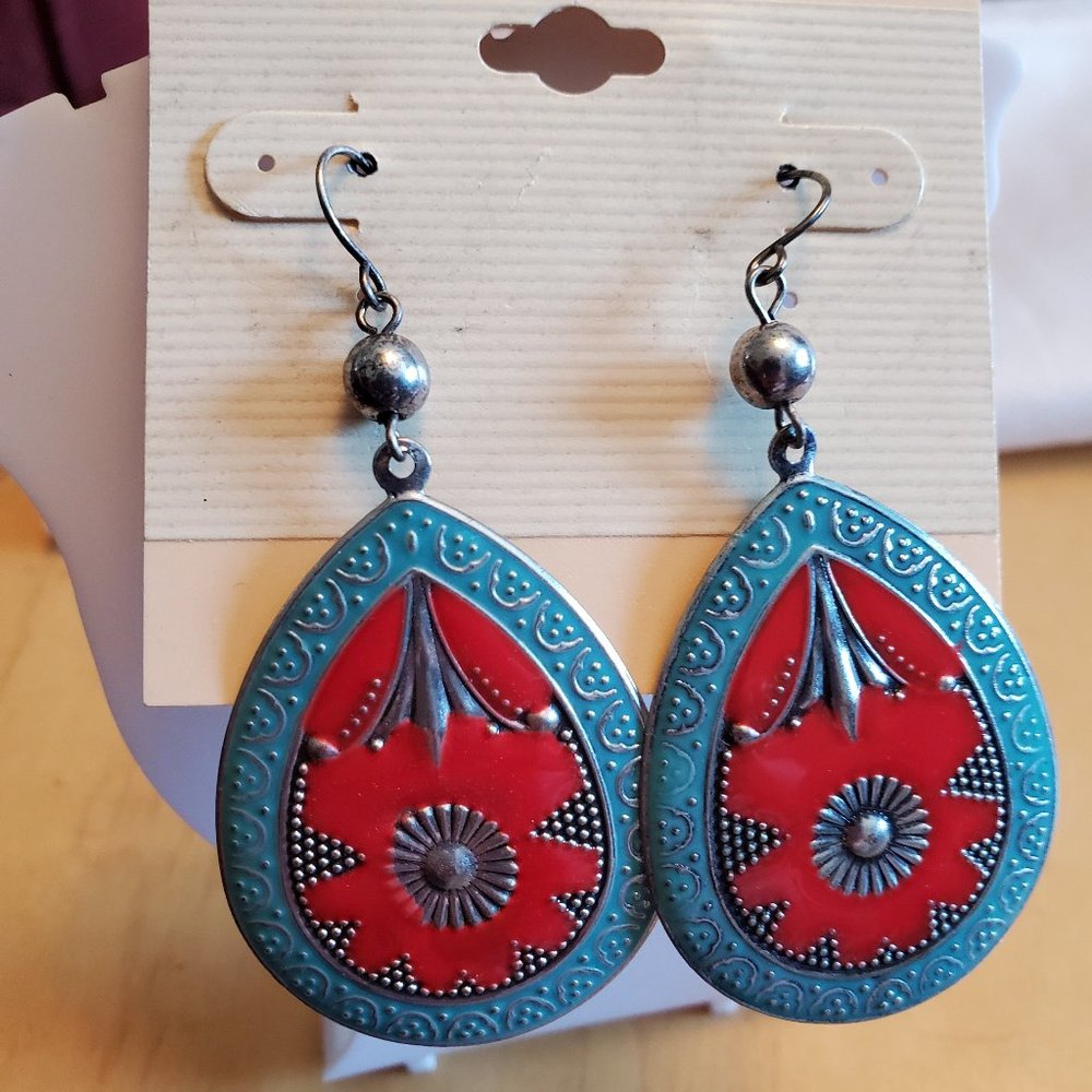 Vintage Colorful Tin Teardrop Dangle Hook Earrings
